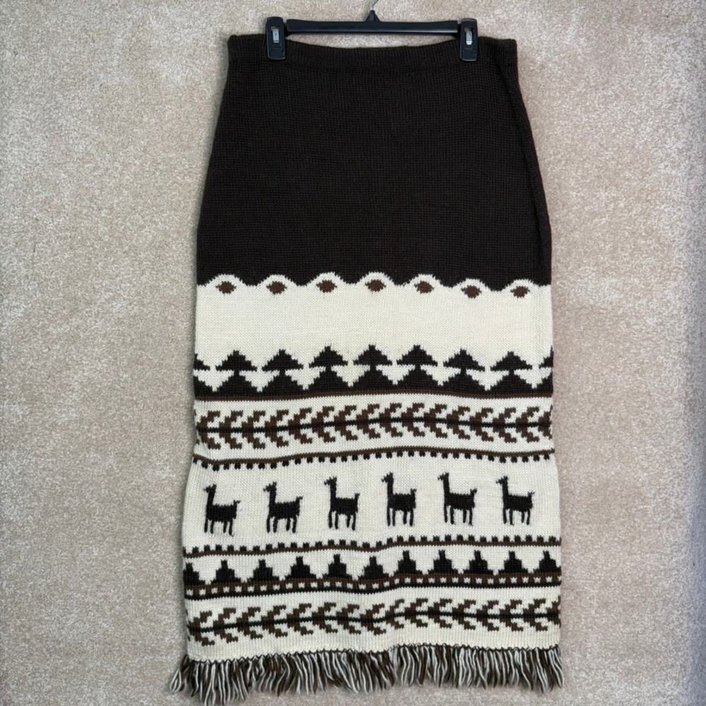 NWT PERUVIAN CONNECTION Wool Silk Knit Skirt Women's Large Brown Llama Luxury